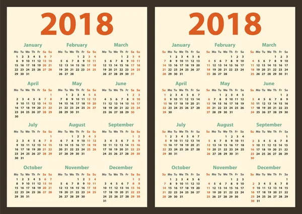 Calendario 2018 inizia domenica e lunedì, progettazione calendario vettoriale 2018 anno — Vettoriale Stock