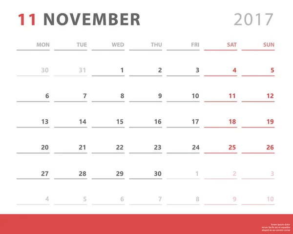 Планировщик календаря 2017 ноябрь, неделя начинается в понедельник, шаблон векторного дизайна — стоковый вектор