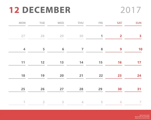 Calendar planner 2017 dicembre, inizio settimana lunedì, modello di progettazione vettoriale — Vettoriale Stock