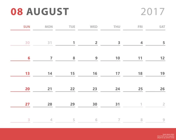 Planificador de calendario 2017 agosto, la semana comienza el domingo, plantilla de diseño de vectores — Archivo Imágenes Vectoriales