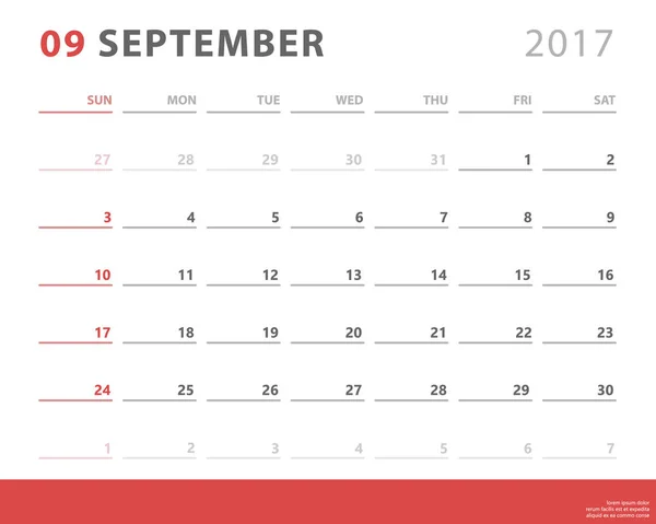 Планировщик календаря 2017 сентябрь, неделя начинается воскресенье, шаблон векторного дизайна — стоковый вектор
