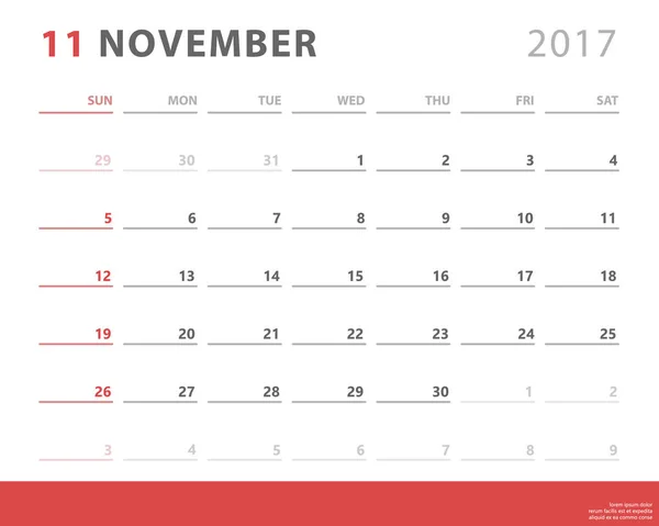 Takvim planlayıcısı 2017 Kasım, Pazar, vektör tasarım şablonu hafta başlıyor — Stok Vektör