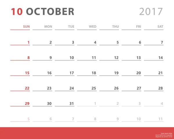 Planificador de calendario 2017 octubre, la semana comienza el domingo, plantilla de diseño de vectores — Vector de stock