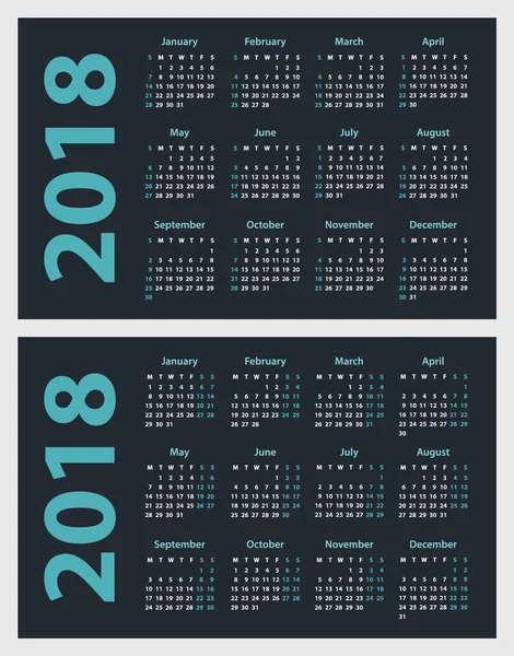 2018 naptár kezdődik vasárnap és hétfőn, vektor naptár-látványtervre 2018 év — Stock Vector
