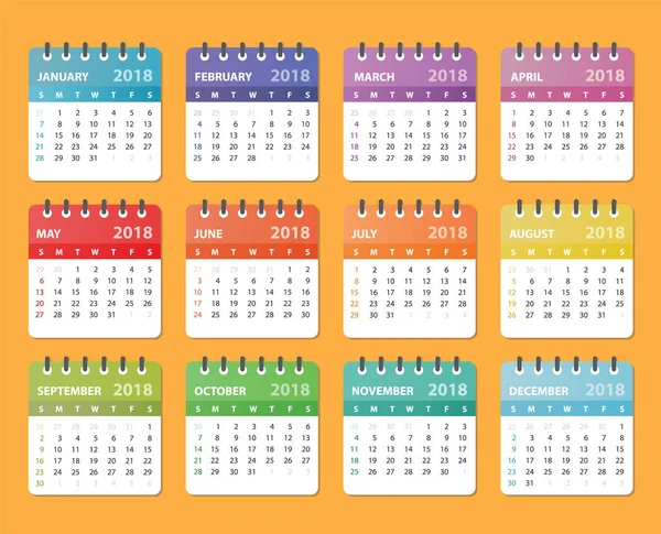 Ημερολόγιο για το 2018 ξεκινά την Κυριακή, διάνυσμα σχεδιασμός ημερολογίου έτους 2018 — Διανυσματικό Αρχείο