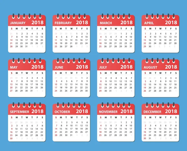 Kalendarz do 2018 r. zaczyna się niedziela, wektor kalendarza projektu 2018 roku — Wektor stockowy
