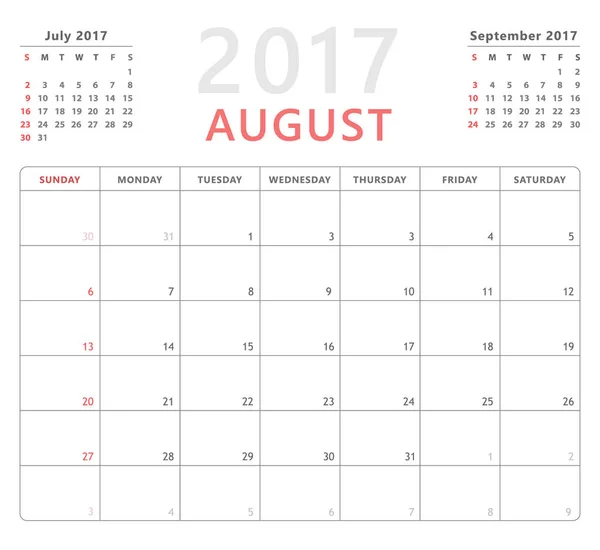 Calendário planejador 2017 agosto, semana começa domingo, modelo de design vetorial — Vetor de Stock