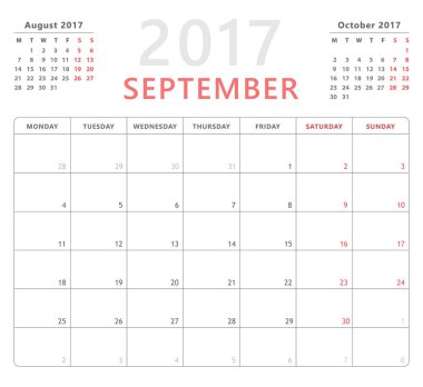 Takvim planlayıcısı 2017 Eylül, hafta başlangıcı Pazartesi, vektör tasarım şablonu