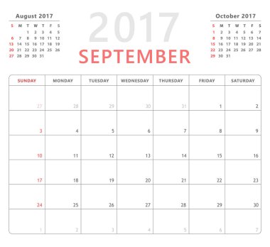 Takvim planlayıcısı 2017 Eylül, Pazar, vektör tasarım şablonu hafta başlıyor