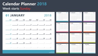 Pazar, vektör takvim tasarımı 2018 yıl 2018 için takvim planlayıcısı başlar