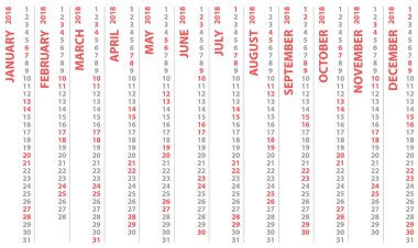 dikey satır ile 2018 takvim, seçilen Cumartesi ve Pazar ile vektör tasarım takvim Pazartesi başlıyor