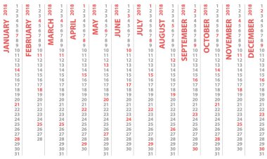 dikey satır ile 2018 takvim, vektör tasarım takvim başlar ve Pazar seçili