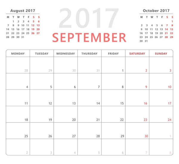 Planificador de calendario 2017 septiembre, la semana comienza el lunes, plantilla de diseño de vectores — Vector de stock