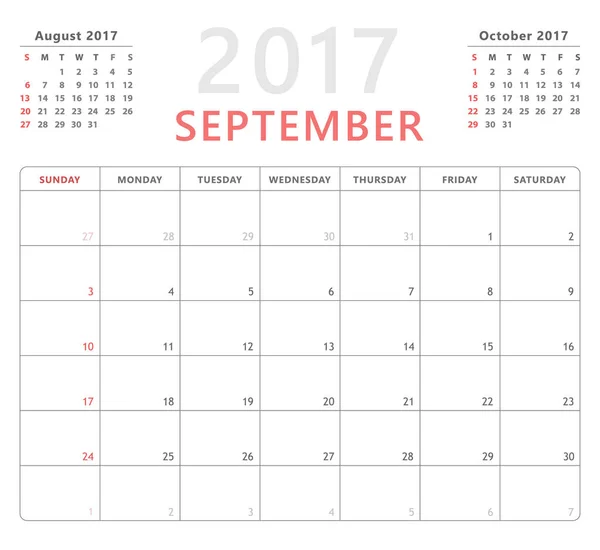 Planificador de calendario 2017 septiembre, la semana comienza el domingo, plantilla de diseño de vectores — Vector de stock