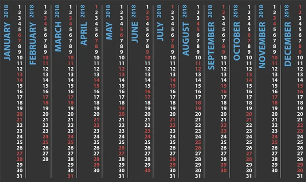 수직 행과 2018 달력, 벡터 디자인 캘린더 선택 토요일 및 일요일 월요일 시작 — 스톡 벡터
