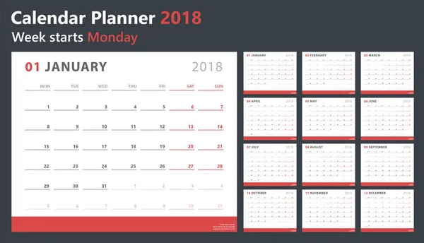 Planejador de calendário 2018, semana começa segunda-feira, modelo de design vetorial — Vetor de Stock