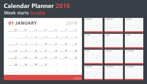 Планировщик календаря 2018, неделя начинается воскресенье, шаблон векторного дизайна — стоковый вектор