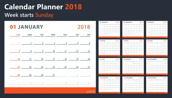 Kalendář 2018 začíná neděle, vektorová design kalendáře rok 2018 — Stockový vektor