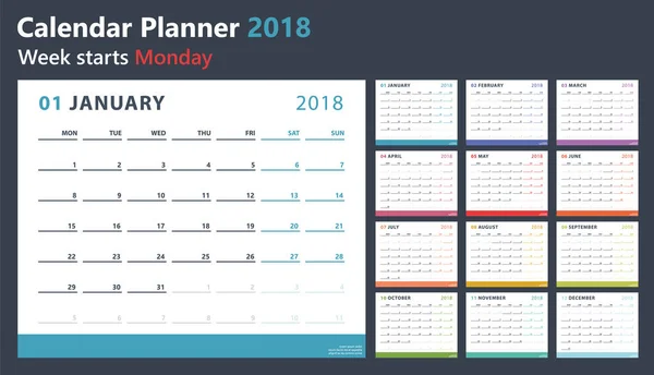 Calendário planejador para 2018 começa segunda-feira, projeto do calendário vetorial 2018 ano — Vetor de Stock