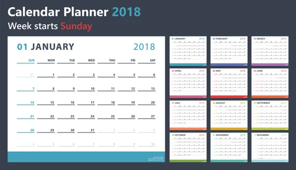 Calendário planejador para 2018 começa domingo, projeto do calendário vetorial 2018 ano — Vetor de Stock