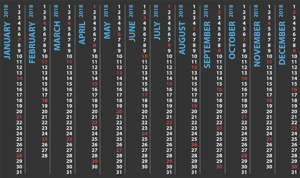 Calendario 2018 con righe verticali, inizio del calendario di progettazione vettoriale e domenica selezionata — Vettoriale Stock