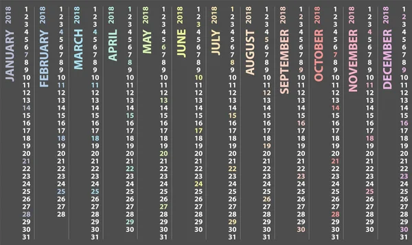 Calendrier 2018 avec design vertical, début du calendrier vectoriel et dimanche sélectionné — Image vectorielle