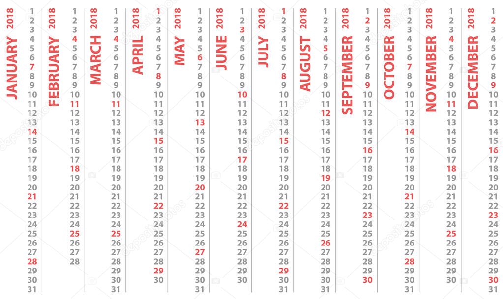 2018 calendar with vertical rows, vector design calendar starts and selected sunday
