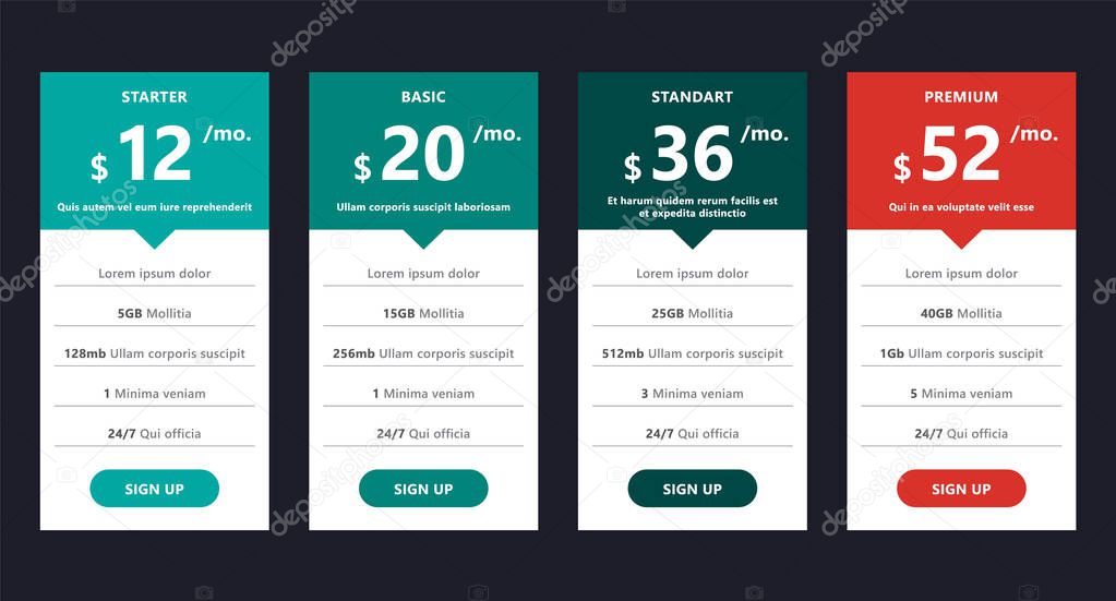 vector pricing table template design for business