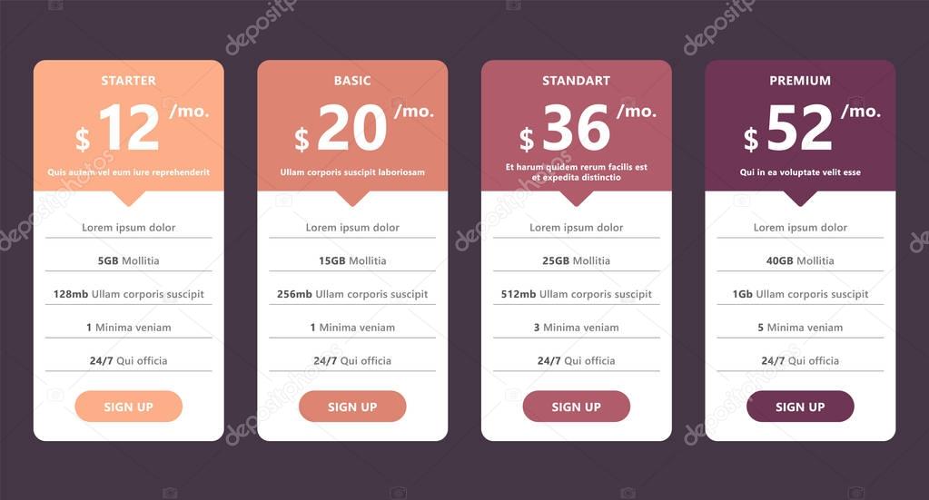 pricing table template for web design and business