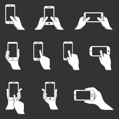 elinde telefon simgeleri, smartphone holding eller, vektör Icon set