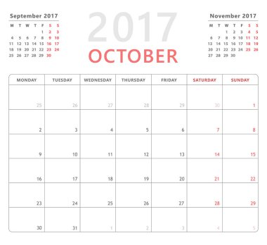 Takvim planlayıcısı 2017 Ekim, hafta başlangıcı Pazartesi, vektör tasarım şablonu
