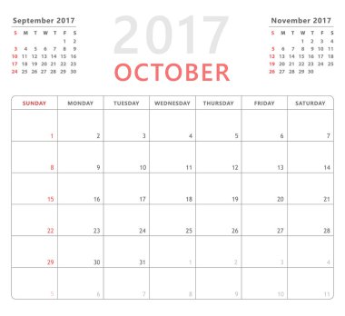 Takvim planlayıcısı 2017 Ekim, Pazar, vektör tasarım şablonu hafta başlıyor