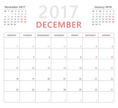 Takvim planlayıcısı 2017 Aralık, hafta başlangıcı Pazartesi, vektör tasarım şablonu