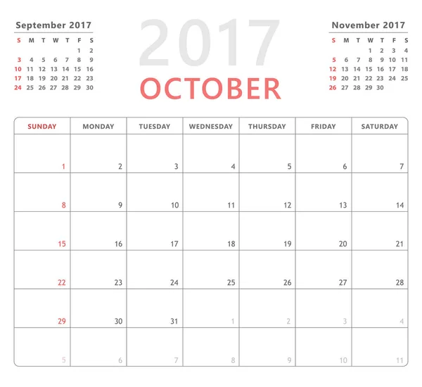 Kalender planner 2017 oktober, week begint zondag, vector ontwerpsjabloon — Stockvector