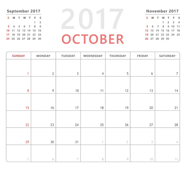 Calendário planejador 2017 outubro, semana começa domingo, modelo de design vetorial —  Vetores de Stock