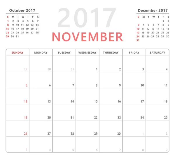 Planificador de calendario 2017 noviembre, la semana comienza el domingo, plantilla de diseño de vectores — Vector de stock