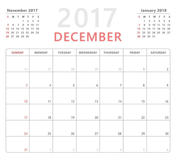 Kalender planner december 2017, week begint zondag, vector ontwerpsjabloon — Stockvector