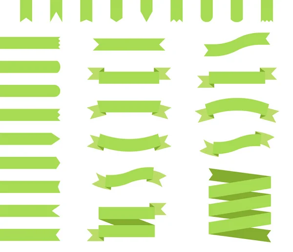 Linten decorontwerp in groene, vlakke lint banners — Stockvector