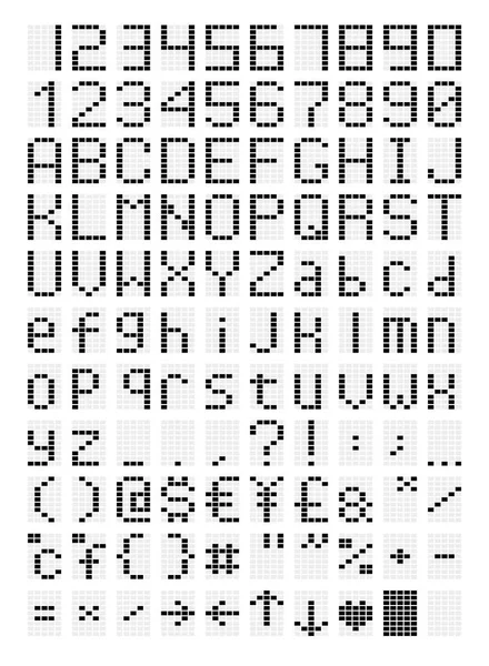 Pixelado led fuente, letras y números — Vector de stock