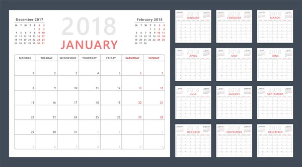 Planificador de calendario para 2018 comienza el lunes, diseño de calendario vectorial 2018 año — Vector de stock