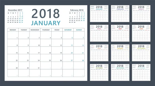 Planificador de calendario para 2018 comienza el lunes, diseño de calendario vectorial 2018 año — Vector de stock