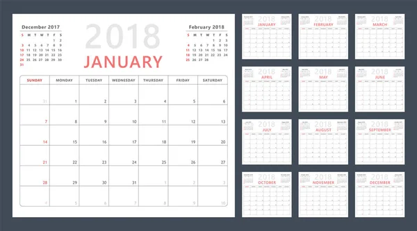 Planificador de calendario para 2018 comienza el domingo, diseño de calendario vectorial 2018 año — Vector de stock