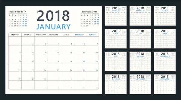 Kalender planner voor 2018 begint maandag, vector kalender ontwerp 2018 jaar — Stockvector