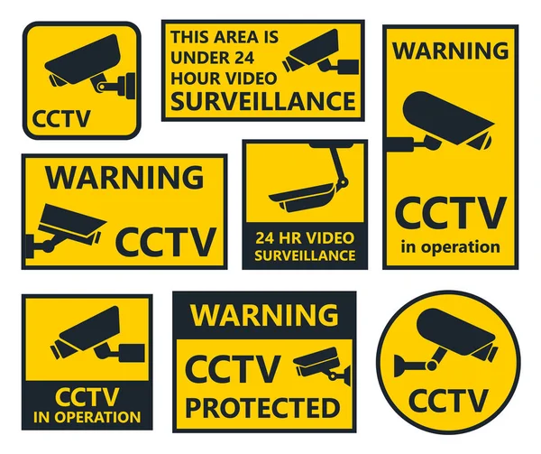 Signes de caméra de sécurité, autocollants cctv — Image vectorielle