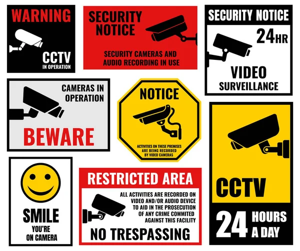 Security camera signs, cctv stickers — Stock Vector