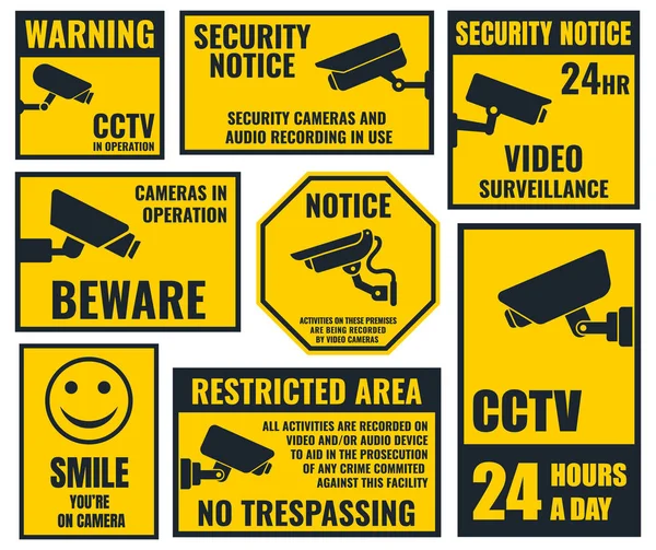 Pegatina de la cámara de seguridad, símbolos de videovigilancia, iconos de cctv — Vector de stock