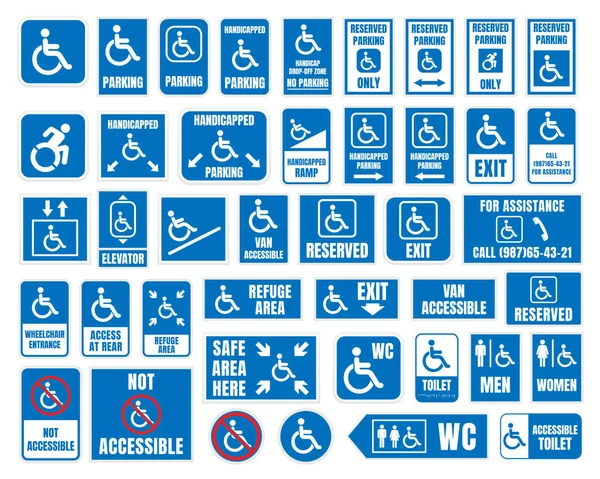 Signos de discapacidad, wc y aparcamientos iconos, personas con discapacidad — Vector de stock