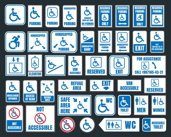 Значки для пандусів, парковка та туалетні знаки, люди з обмеженими можливостями — стоковий вектор