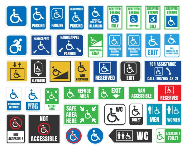 Handicap etykiety i znaki, niepełnosprawnych ikony i naklejki — Wektor stockowy
