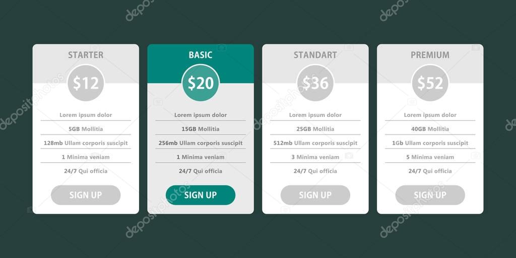 Vector Pricing table template, pricing plans